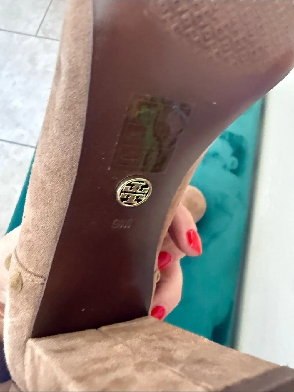 Tory Burch Colt Women’s Suede Block Heel Pumps in light brown with Stud Detail